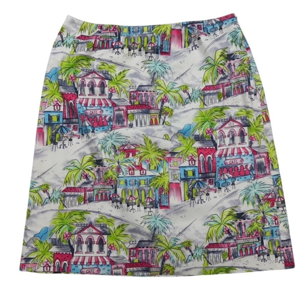 Sharon Young Skirt Womens‎ 8 Multi Color Tropical Cafe Palm Tree Knee Length